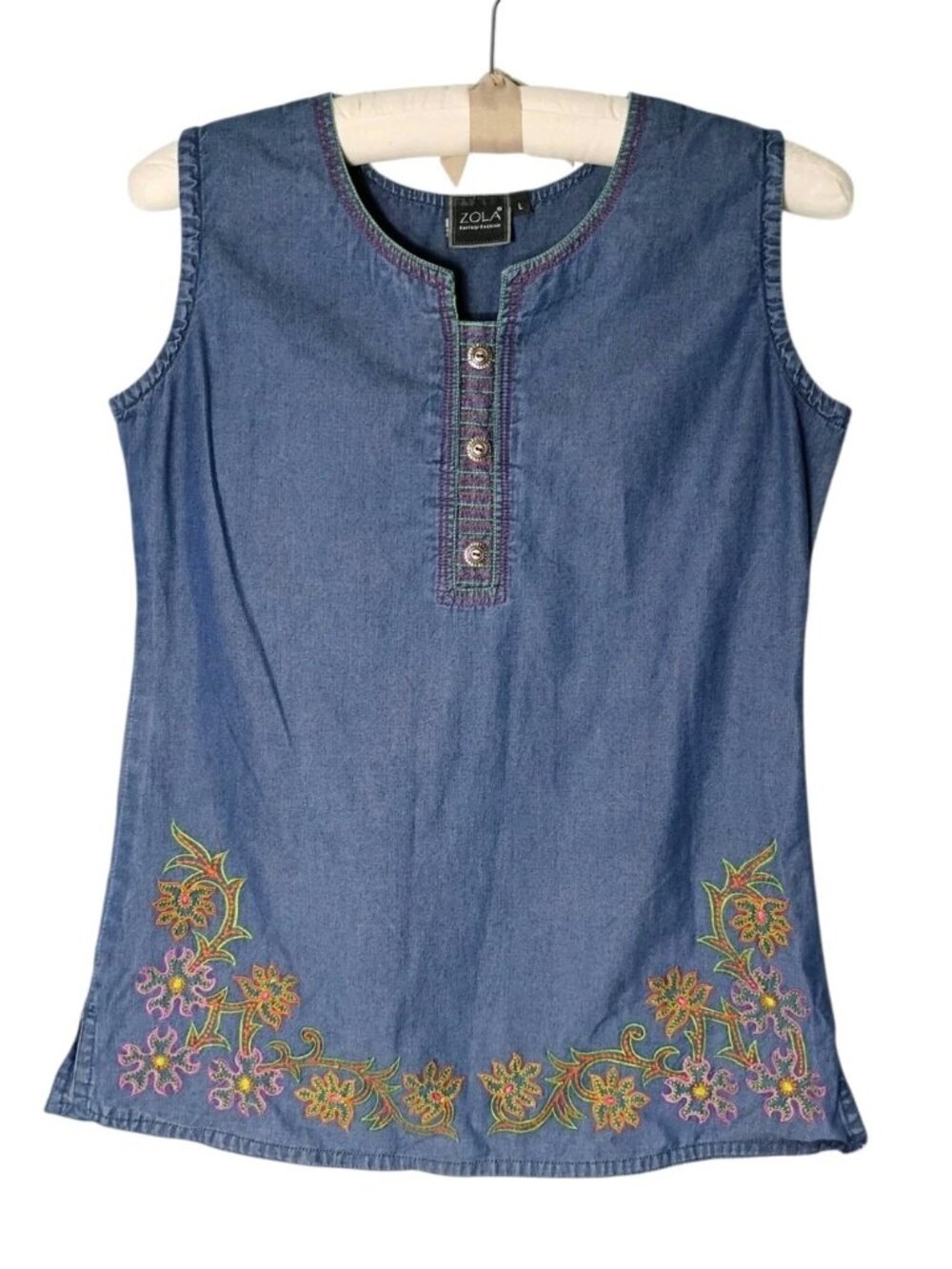 Zola Earthly Fashion Chambray Embroidered Tunic Top L Floral Boho Sleeveless